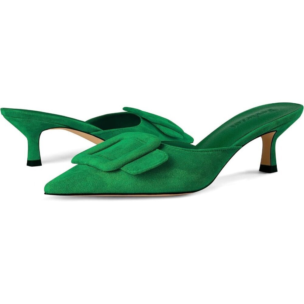 Women's Green Mule Slingback Buckle Pumps Pointed Toe Kitten Heels Shoe - Picture 4 of 5